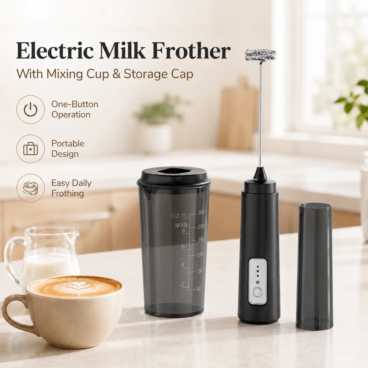 Rechargeable Milk Frother 4-in-1, 3 Speed Handheld Electric Foam Maker with USB Charging, 300mAh Battery, 350ml Measuring Cup with Lid, Portable Coffee Mixer for Latte, Cappuccino, Coffee Drinks and Baking