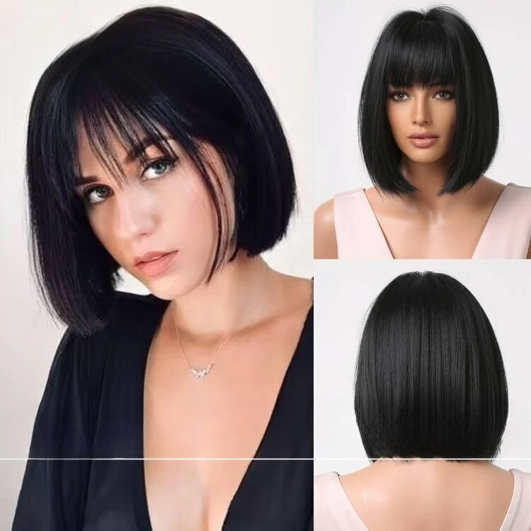 

Bobo head Qi bangs short straight hair natural age reduction European and American style fashion new full headgear black wig wom