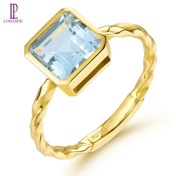 Lohaspie Natural Aquamarine Real 18K Yellow Gold Rings 1.5 Carats Genuine Light Blue Gemstone Women Engagement Anniversary Gifts