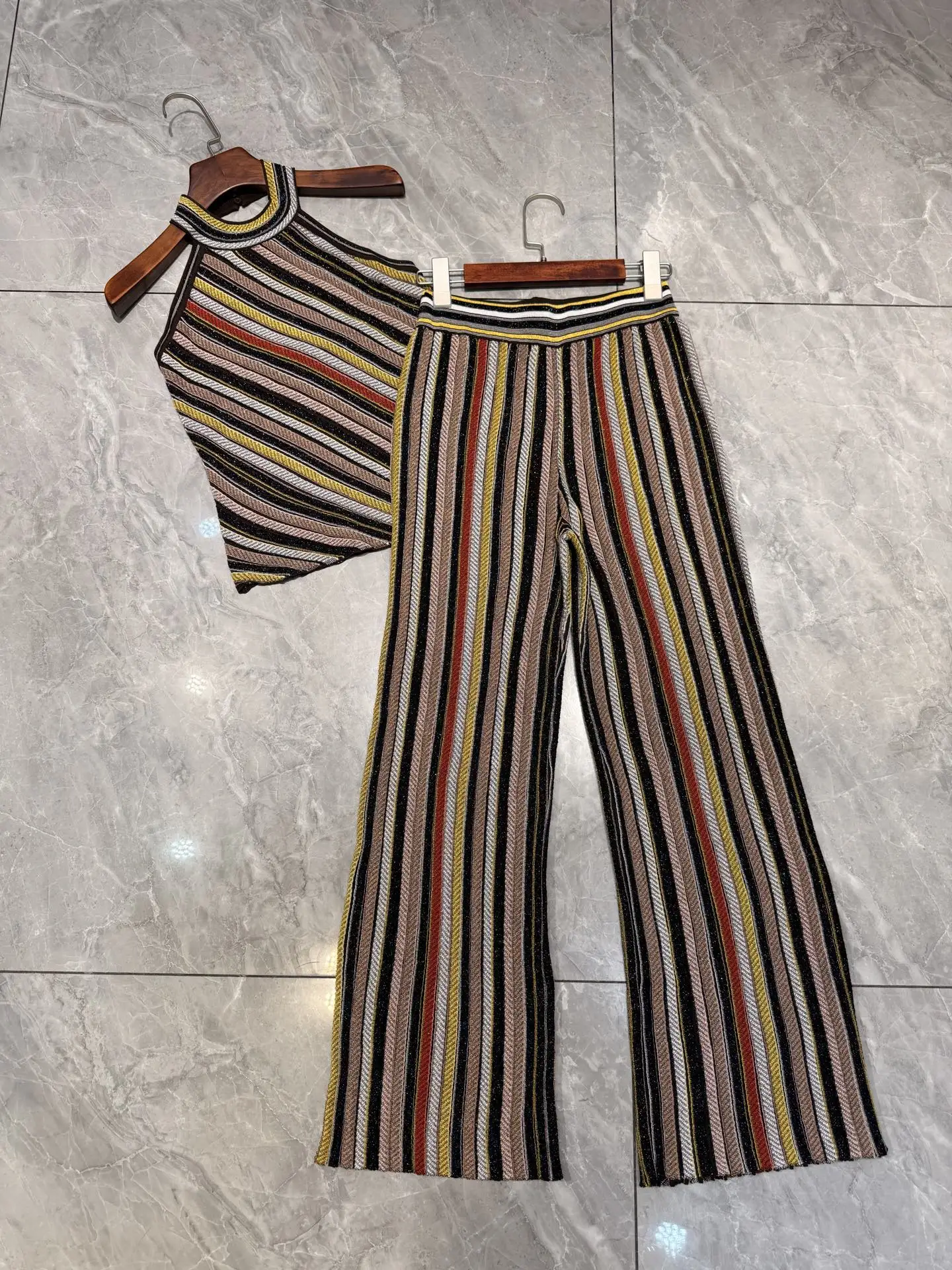 Women Metallic Striped Knitted Set Halter Round Neck Sleeveless Vest + Elastic Waist Straight Long Pants Vintage Knit Suits