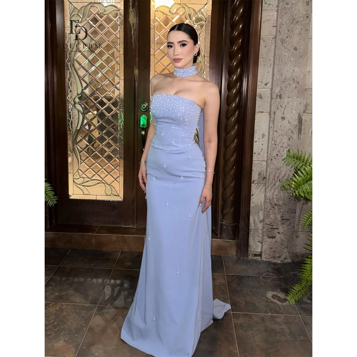 

EDECPBM Satin Strapless Sky Blue Mermaid Evening Dress 2026 Prom Dress Formal Evening Robes de Soirée Elegant Formal Gowns