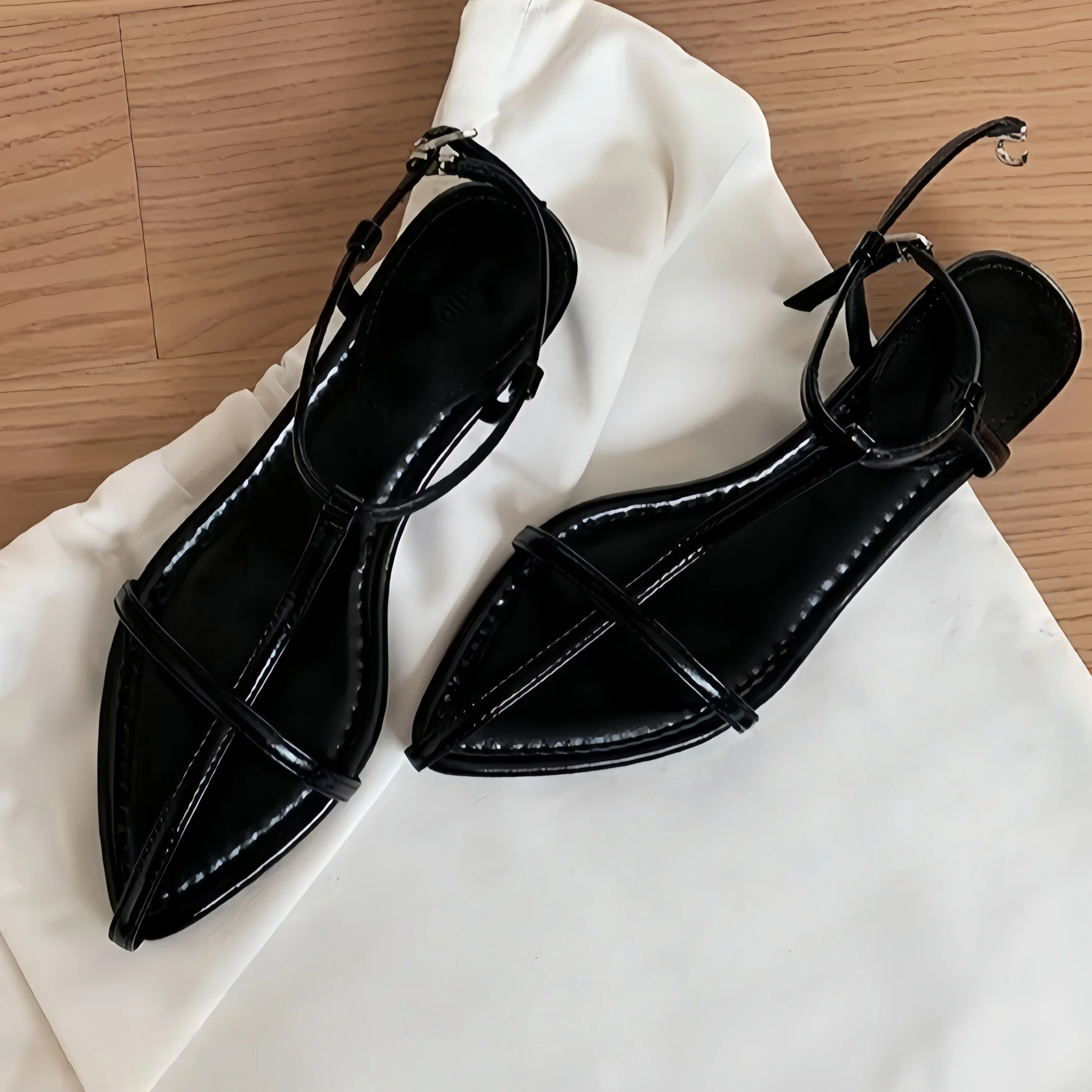 

Buckle Single Shoes Open Toed Sandals Sharp Pointed Elegant High Heels Wedge Sandals One Line Tie Sandals Personalized single