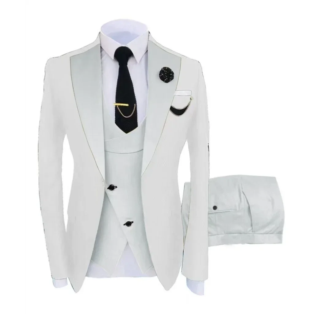 Formal Men Elegant Simple 3 Pieces Blazer Vest Pants Sets 1 Button Tuxedo Suits Slim Fit Tuxedo Suit  Fashion Wedding Party