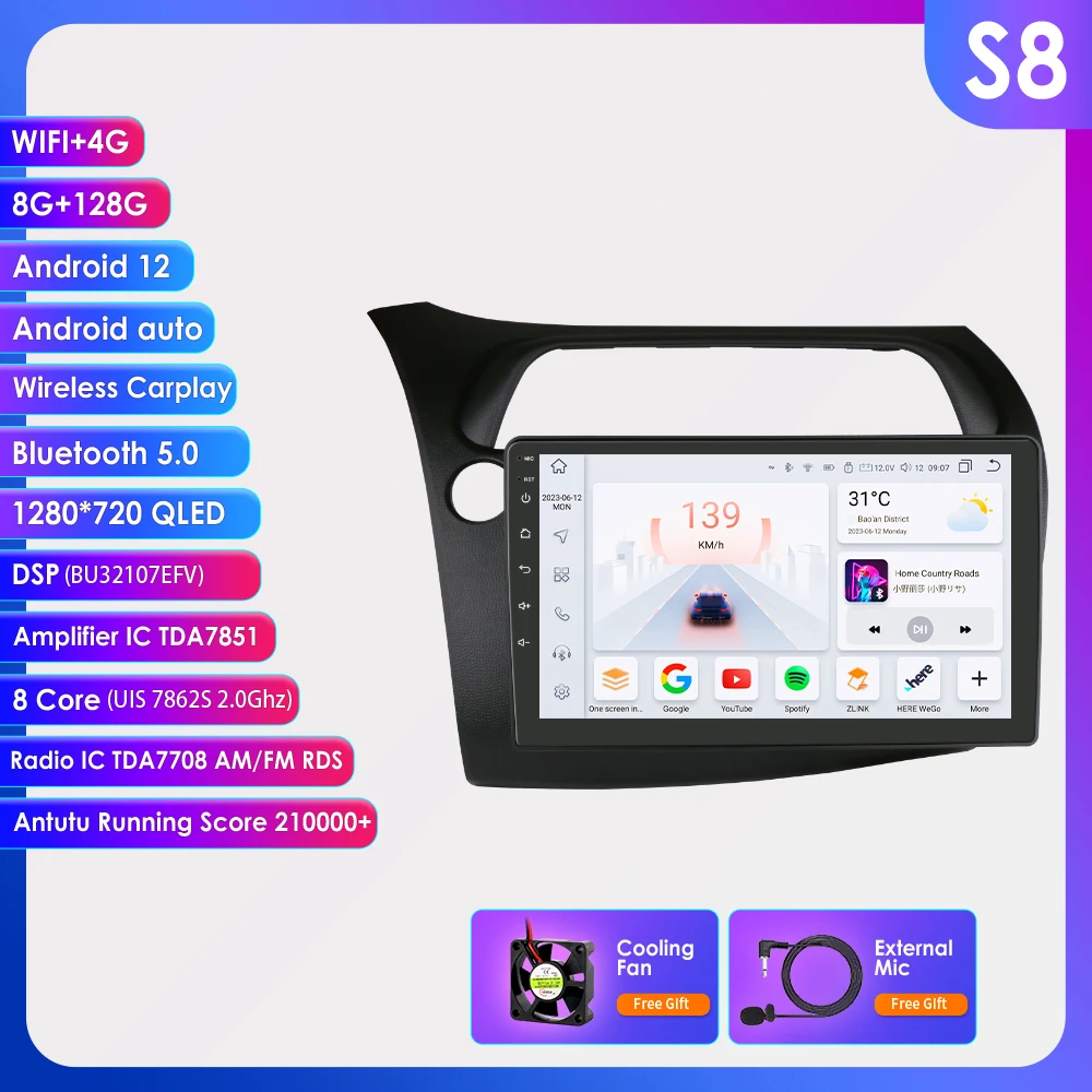 Android13 Autoradio Voor Honda Civic Hatchback 2005-2011 Auto Multimediaspeler Draadloze Carplay 4G-Let 2din Autoradio 360Camera