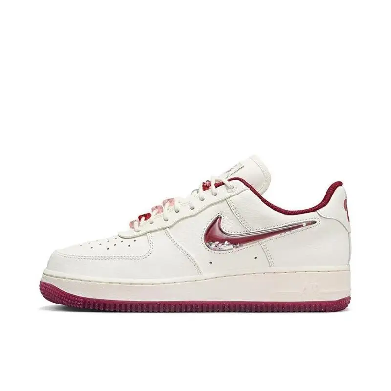 Nike Air Force 1 Valentine Day Comfortable and Versatile Trendy Low Top Board Shoes for Women in White, Red, and White Powder