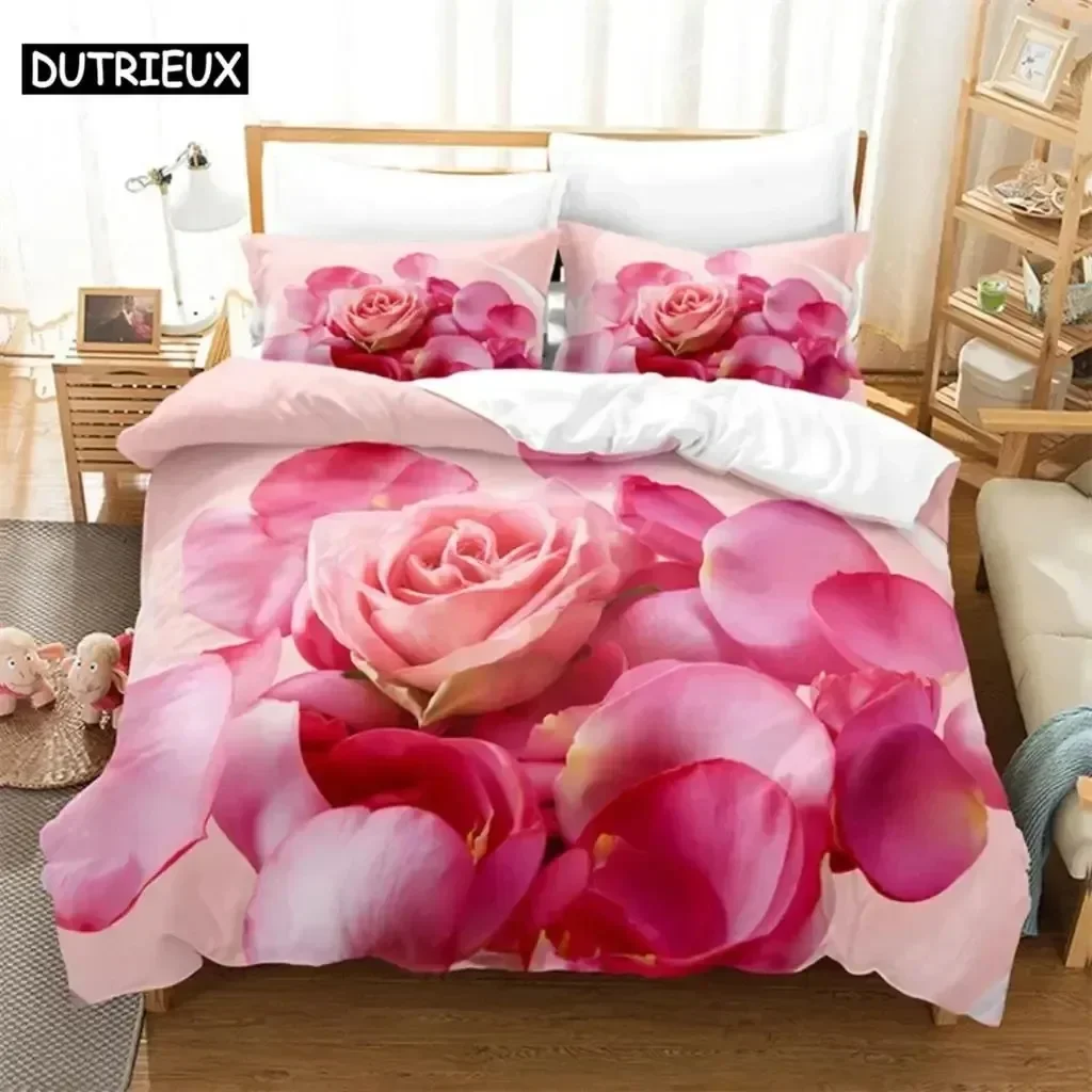 New 3D Print Rose Pink Lovers Comfortable Duvet Quilt Cover Pillowcase Bedding Set Children Bedroom Decoration Home Textile