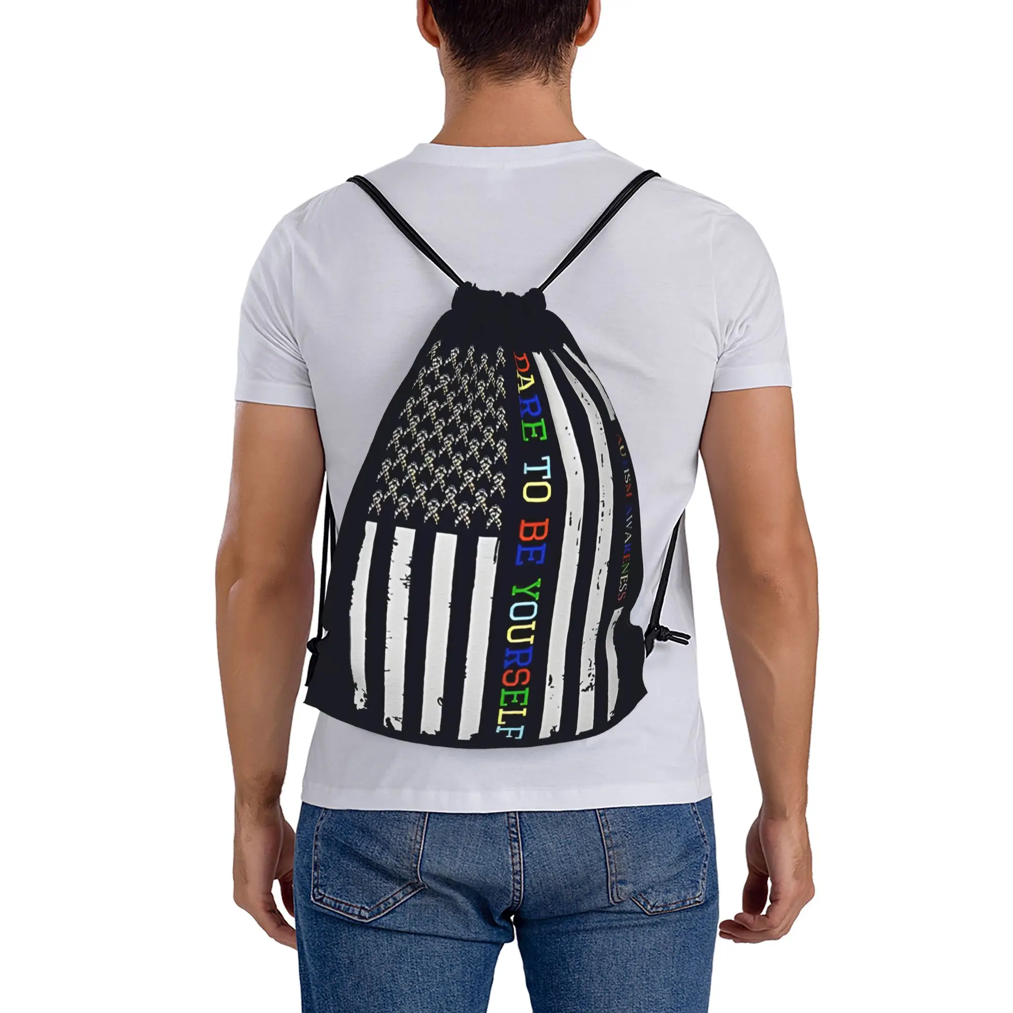 Dare To Be Yourself   Autism Awareness American Flag  Drawstring Bags Sports Unisex Storage Organize Bundle Pocket Rope Bag