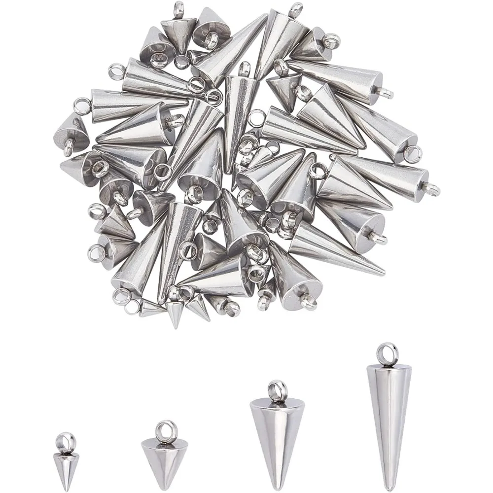 about 48pcs 4 Sizes Cone Charms Spike Hypoallergenic Pendants Stainless Steel Charms Small Hole Cone Pendants for DIY Earring