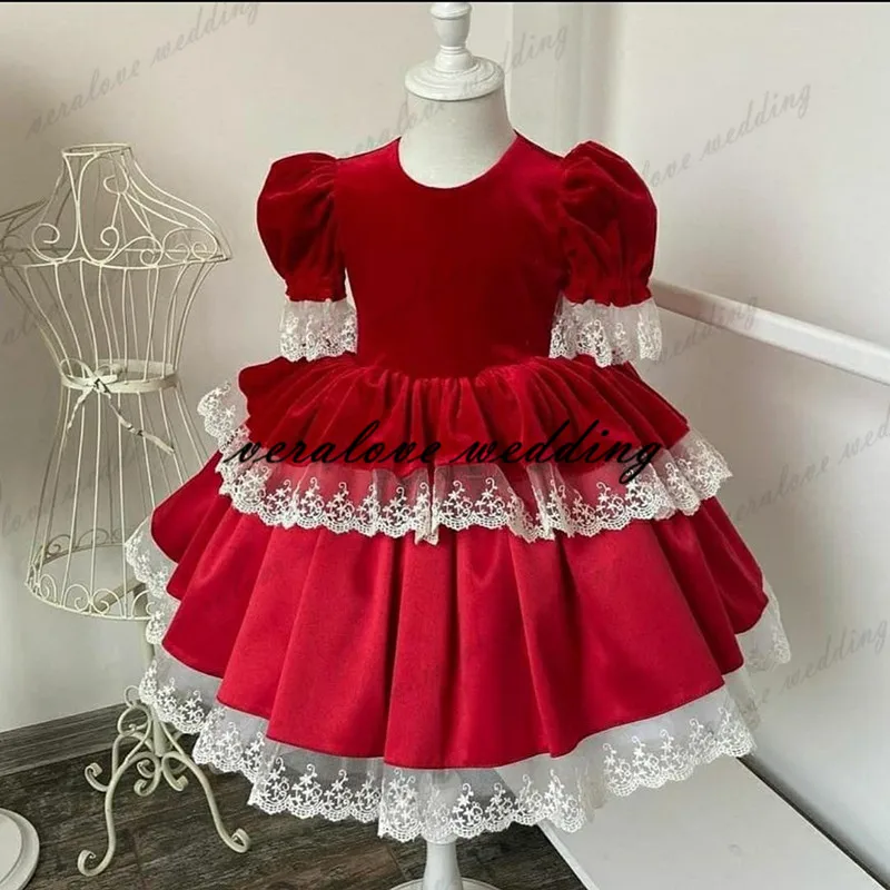 Kosovo Red Velvet Flower Girl Dress Short Sleeves Lace Appliques Girl Wedding Party Dress Prom Wear Customized