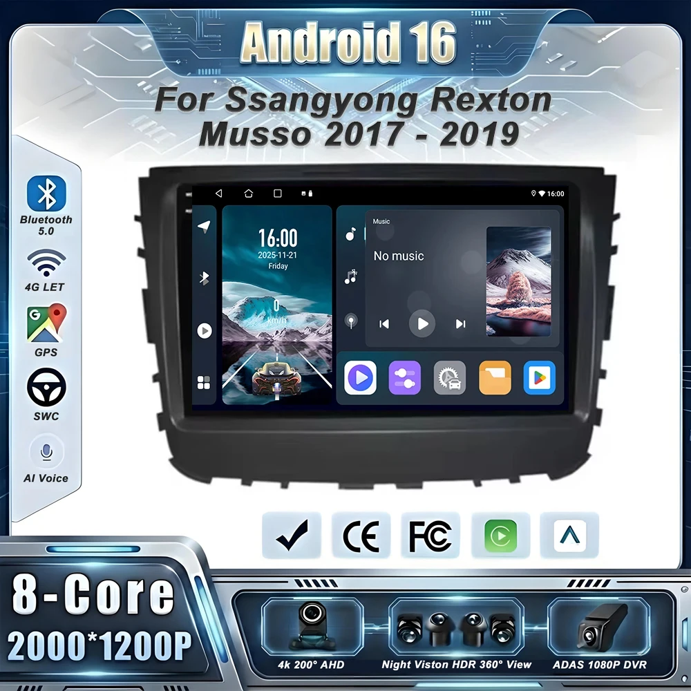 Android 16 For Ssangyong Rexton Musso 2017 - 2019 Car Radio Multimedia Video Player Navigation GPS Carplay Auto Stereo WiFi 4G
