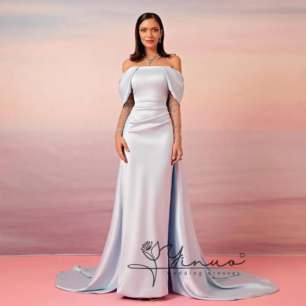 customized  Evening Dress with Sweep Train Cape Boat Neck Off Shoulder Beading Long Sleeves Mermaid Prom Gown Dubai Party Dresse