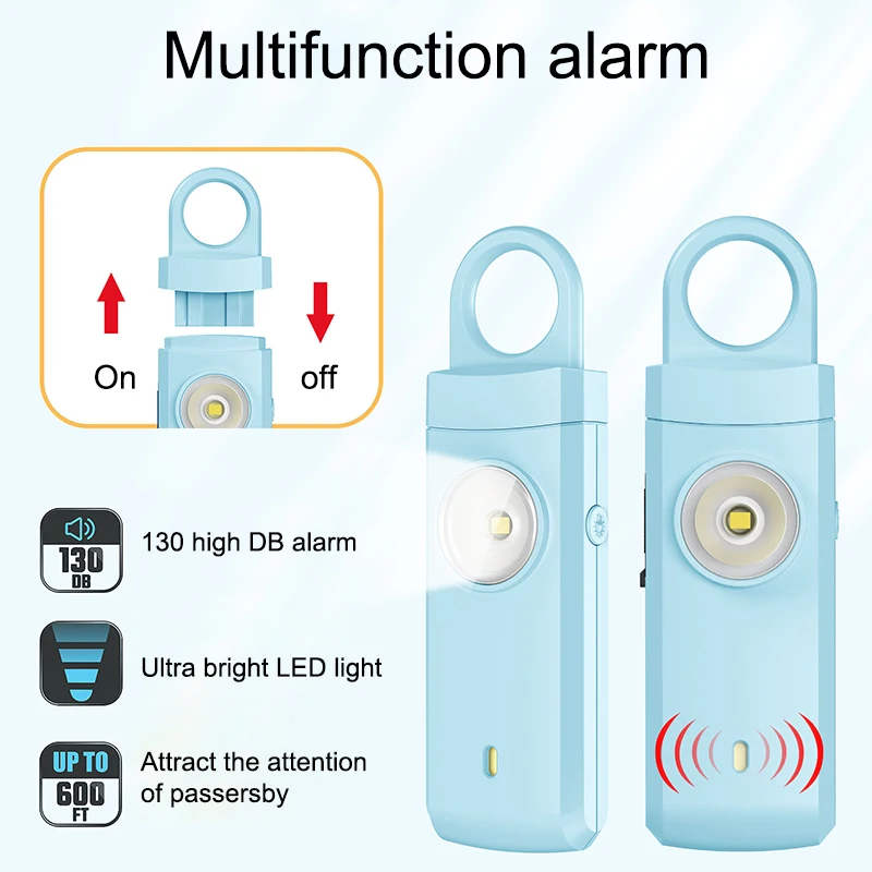 Alarma personal eficiente de diseño compacto y elegante en un llavero con potente salida de 130 dB y opción de señal brillante