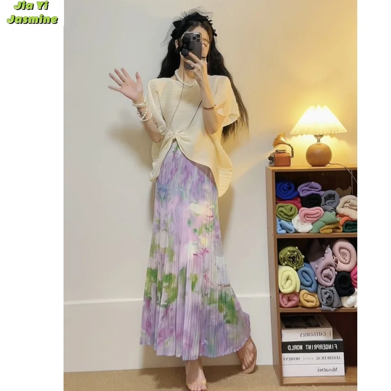 New Light Mature Fashion Set Summer Pleated Two-piece Skirt Casual 2-piece Set