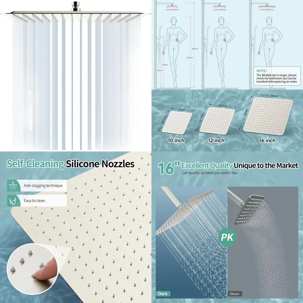 

16 Ultra Slim High-Pressure Rain Shower Head, Brushed Nickel, 304 Stainless Steel, Water-Saving Design