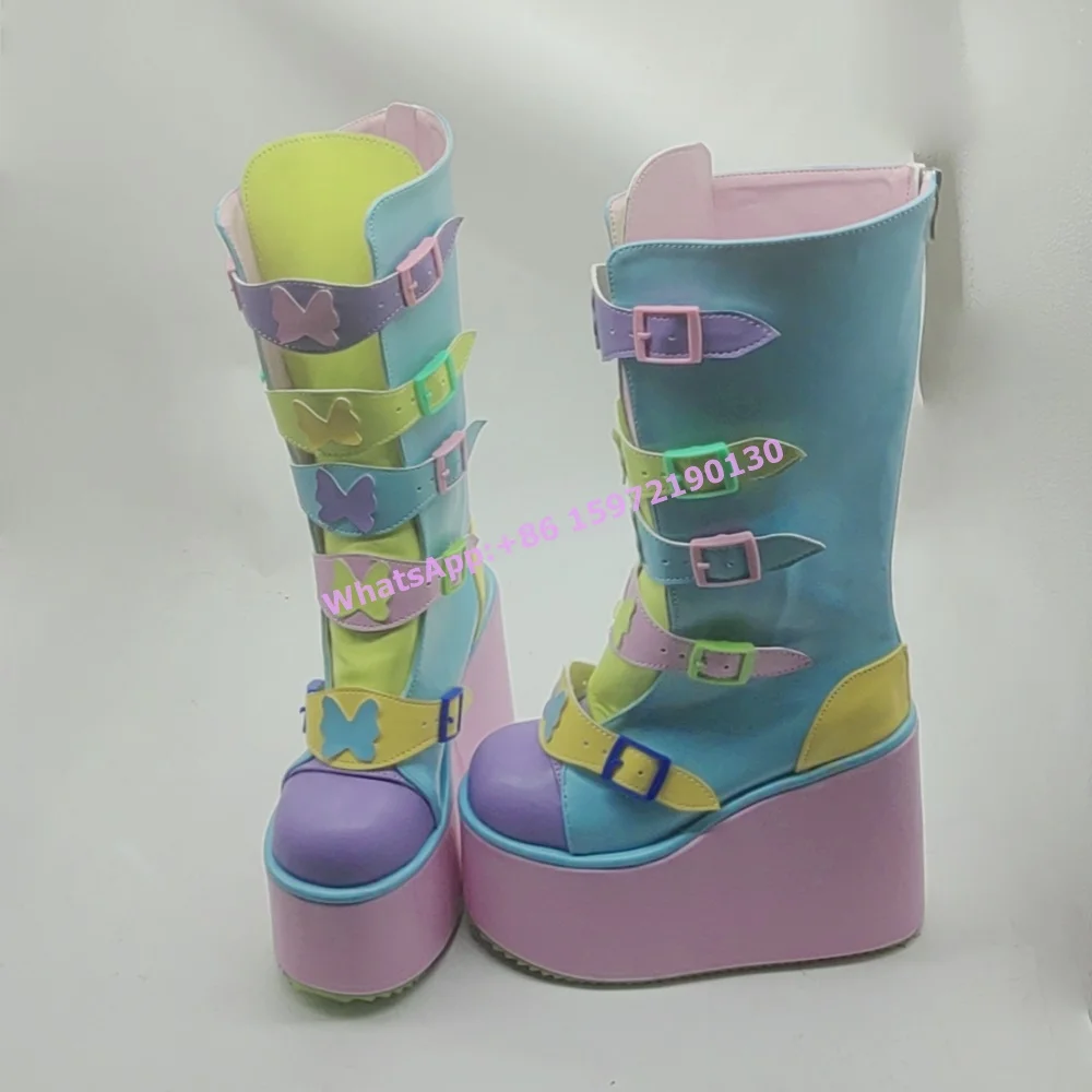 Light Color Butterfly Boots Round Toe Platform Wedges Thick Soled Colorful Buckle Belt Knee High Boots Women's Winter Long Boots