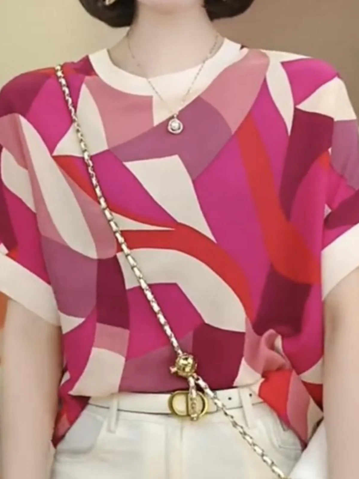 Ele Loose Women's T-irt Summer New Sle Printed Chiffon ort Sve round Ne Korean Sle Comfortable Breeze Feeling