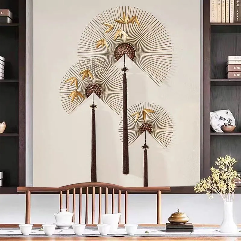 New Chinese style wall decoration restaurant background wall decoration creative fan-shaped living room iron decoration pendant