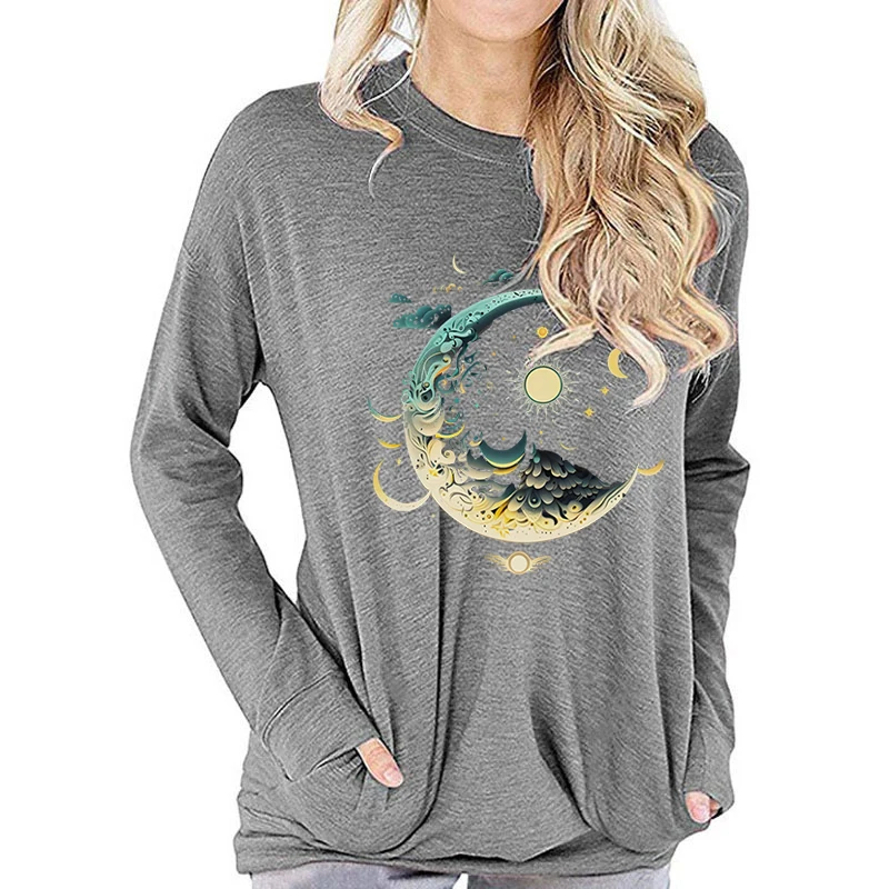 Premium Long-sleeved T-shirt Women Boho Vintage Mystic Moon and Sun Graphic T Shirts Women Celestial Sun and Moon Classic Tops