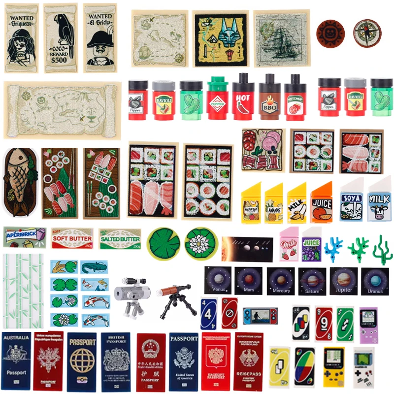 Printed Bricks Building Blocks MOC Sushi Chessboard Game Cassette Passport Electronic Products Halloween Decorations Gifts Toys