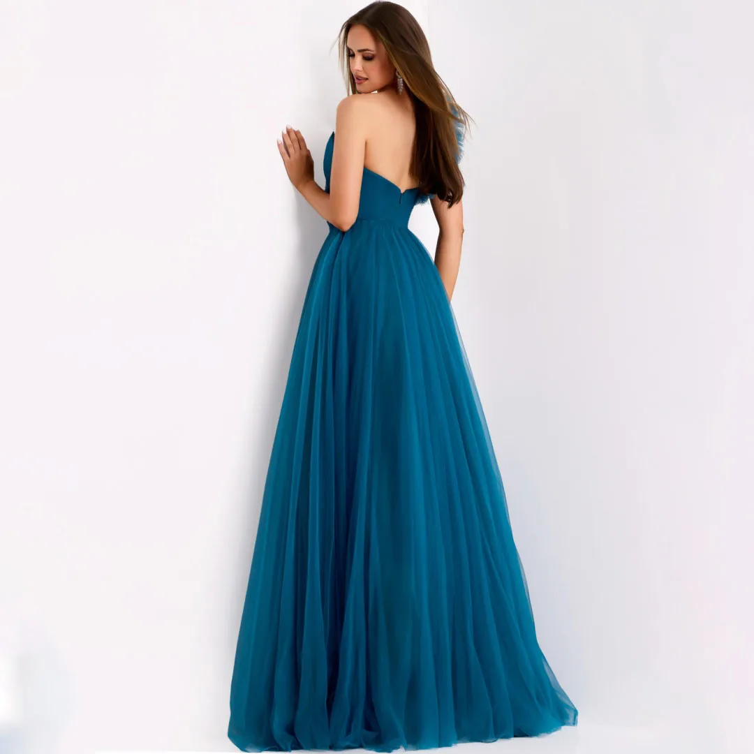 Pauwblauw Tule Een Schouder Galajurken Ruches Bloemen Chique Plooi Ruglooze Verjaardagsjurk Hoge Split Formele Avondjurk