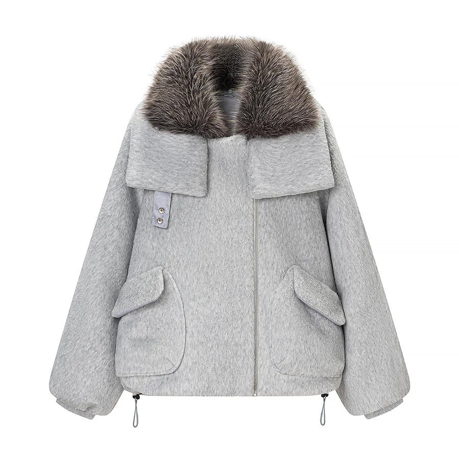 Women's Fashionable Casual Woolen Coat with Large Fur Collar and Quilted Lining   0OQ2