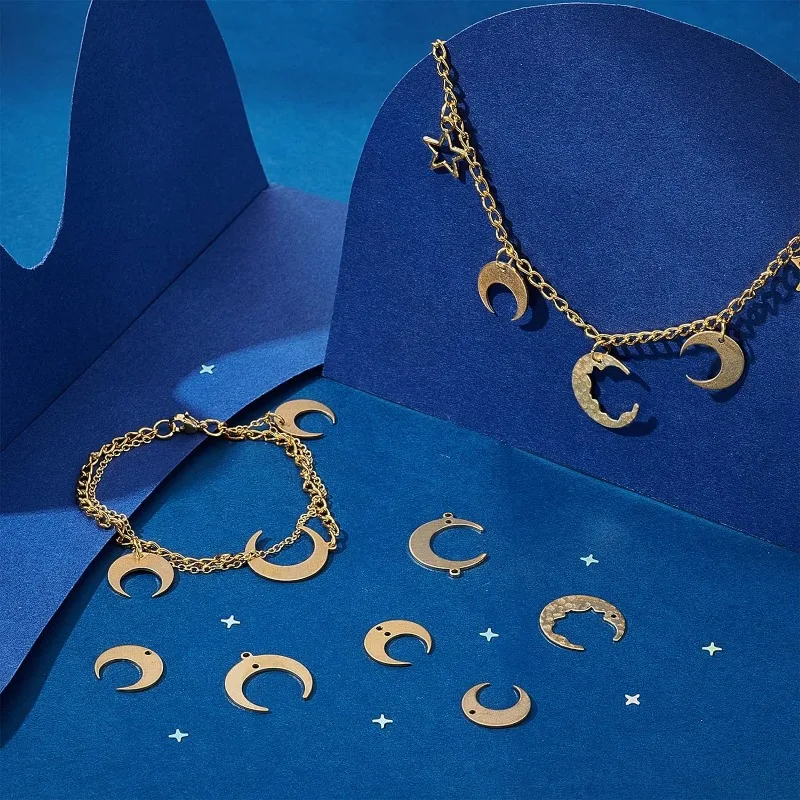 72Pcs 6 Style Moon Connector Charms Brass Jewelry Links Crescent Moon Dangle Connectors Blank Tag Pendants for DIY Necklace - view 6