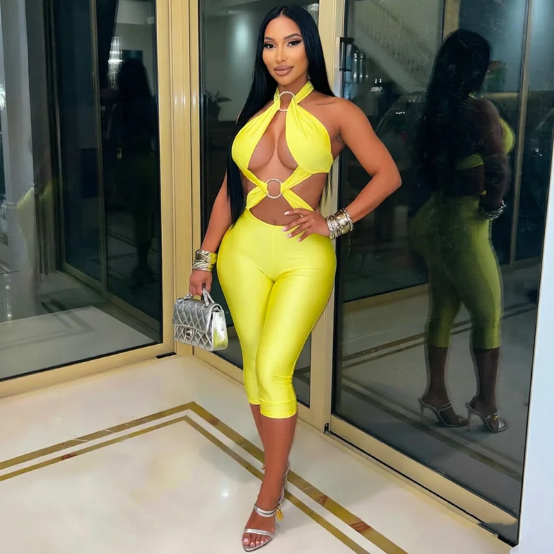 Sexy Hollow Out One Piece Outfits Woman Jumpsuit Party Club Rave Festival Metal Ring Bandage Bodycon Romper Backless Play Suit