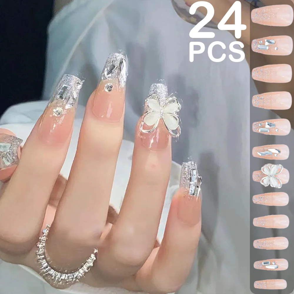 

24PCS Translucent Icy Press On Nails Long Trapezium Super Flash Wedding Covered Manicure Tips Cat Eye Bow Fake Nails