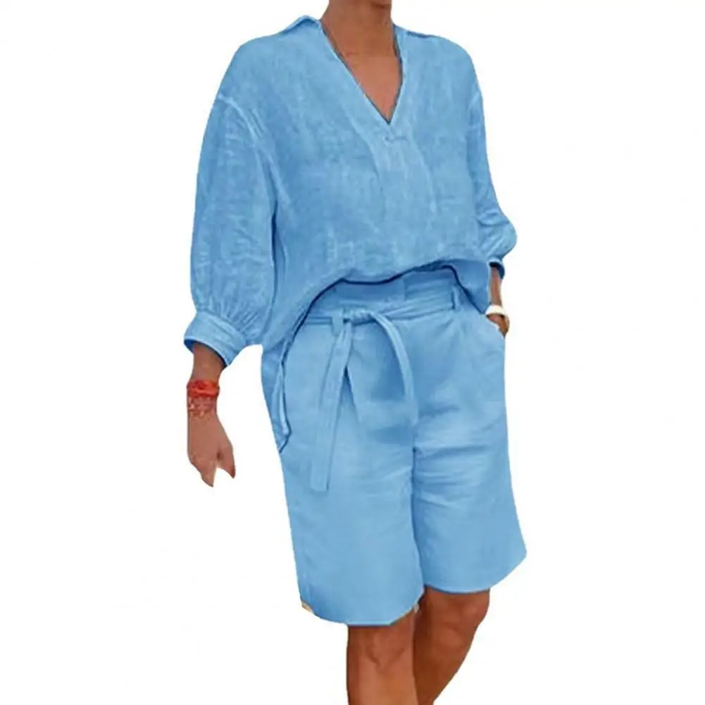 

Summer Women's Cotton Linen Two Piece Outfit Casual V-Neck Half Sleeve Lapel Shirt Belted Wide Leg Shorts Summer Lounge Set