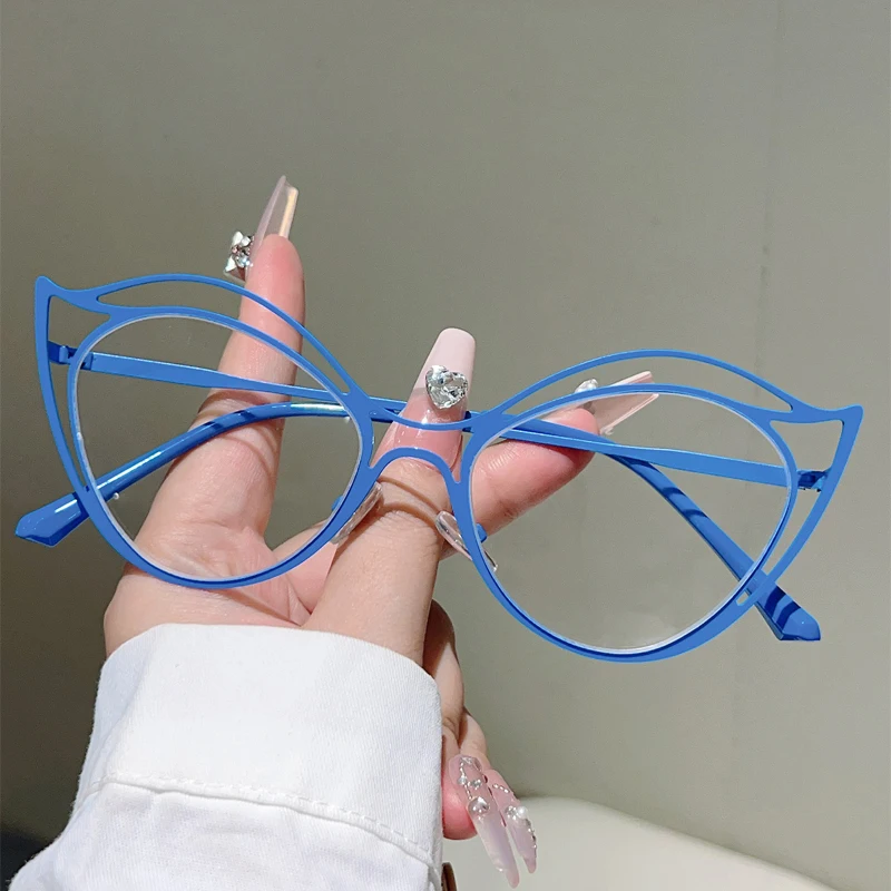 KAMMPT جوفاء حافة القط العين نظارات النساء أنيق الضوء الأزرق حجب النظارات العصرية الفاخرة العلامة التجارية تصميم ديكور إطارات بصرية