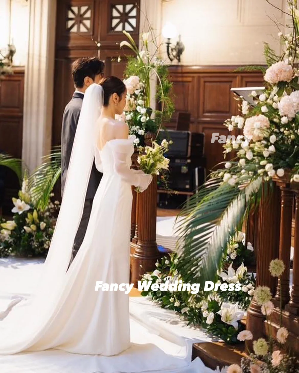 ファンシーエレガントなオフショルダーのウェディングドレスマーメイド長袖ブライダルドレス弾性サテン誕生日パーティードレスカスタマイズ