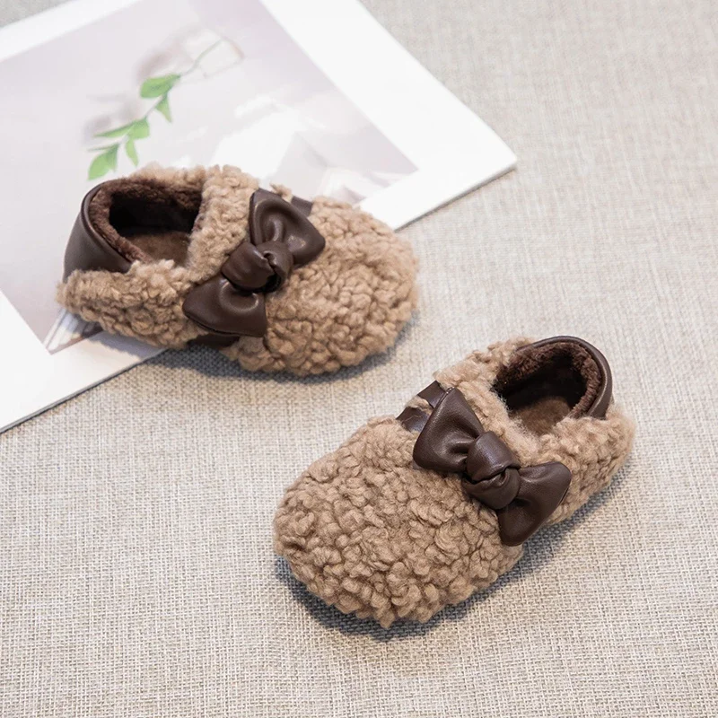 Kids Girls Winter Warm Plush Shoes Cute Bow Decor Elastic Band Non Slip Soft Sole Toddler Princess Dress Shoes