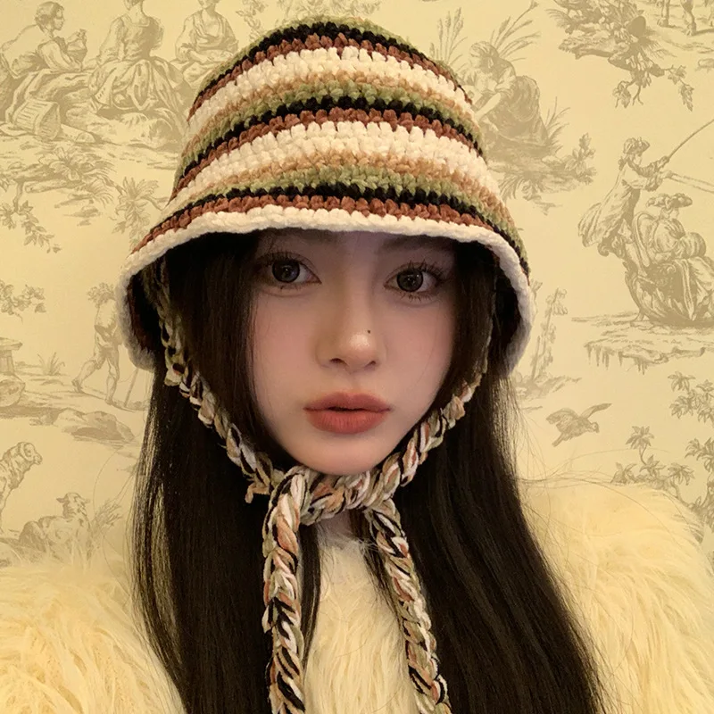 Colorful Striped Hand Knitted Fisherman's Hat Ladies Autumn and Winter Outdoor Warm Tie Braid Basin Hat 4