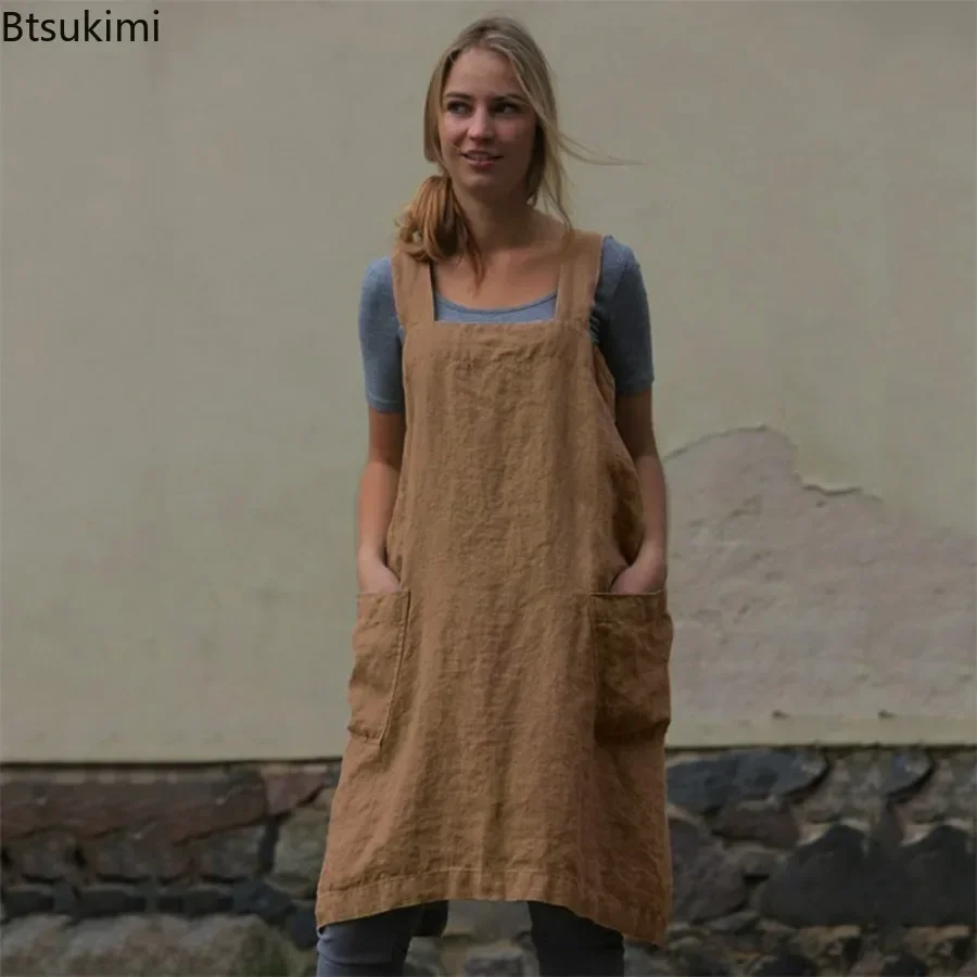 New 2025 Women's Solid Casual Work Dress Loose Cotton Linen Square Cross Apron Dresses Simple Garden Work Dress Female Vestidos