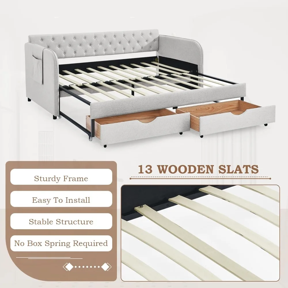 سرير نهاري مزدوج الحجم مع دولاب، أريكة منجدة ممتدة من الكتان مع درجين للتخزين، إطار سرير نهاري من الخشب معنقدة بزر