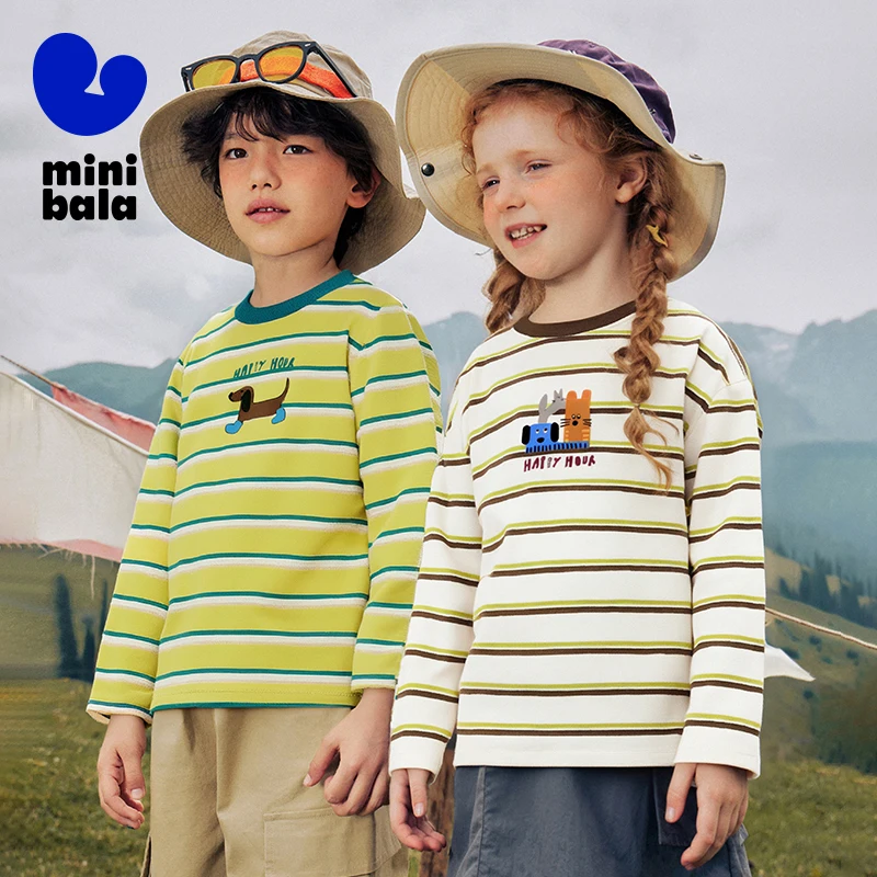 

Миниатюра, футболка с длинными рукавами для мальчиков и девочек, новинка 2025 года, осенняя детская многослойная футболка в полоску с узором