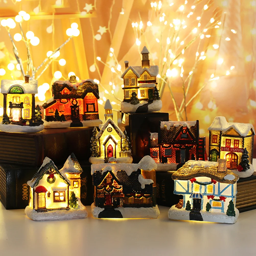 

4Pcs Luminous Resin Small House Christmas Ornament Colorful Desktop Decor Xmas Party Supply Creative Festive Adornments