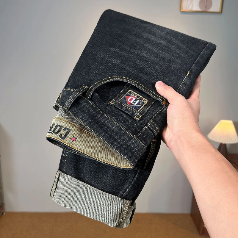 Celana Jeans Denim Pria Gaya Punk Koboi Klasik Streetwear Musim Gugur Musim Dingin Stretch Slim Fit Korea Kasual