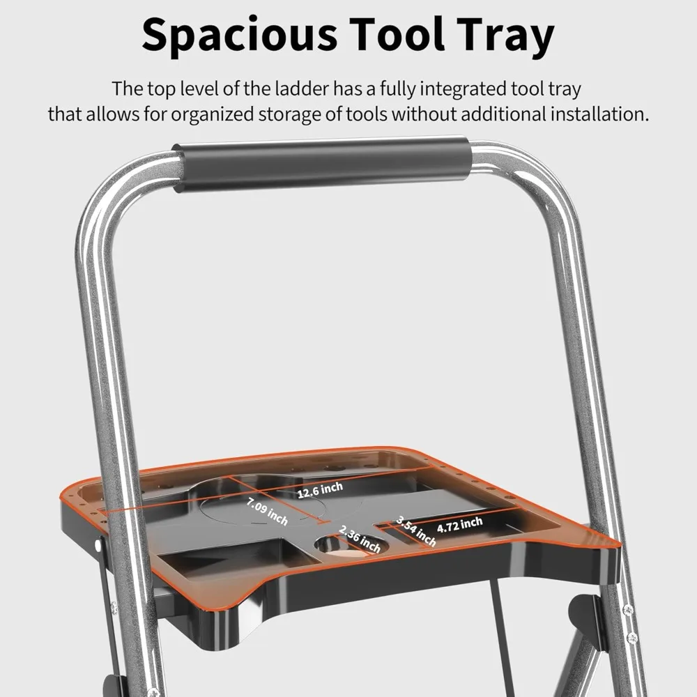 Drabina składana 3-stopniowa z tacką na narzędzia, stalowy stołek o udźwigu 272 kg, antypoślizgowe pedały do domu i biura