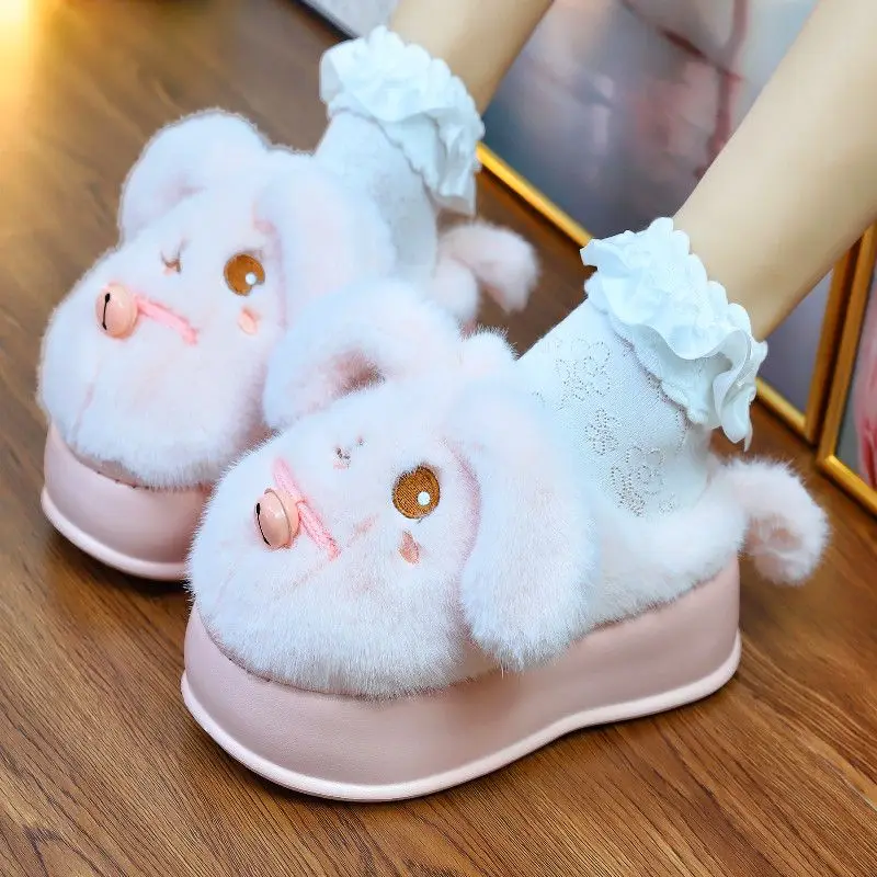 New super soft pink bunny slippers winter women\'s warm high platform furry mules shoes with bells woman plush rabbit flip flops