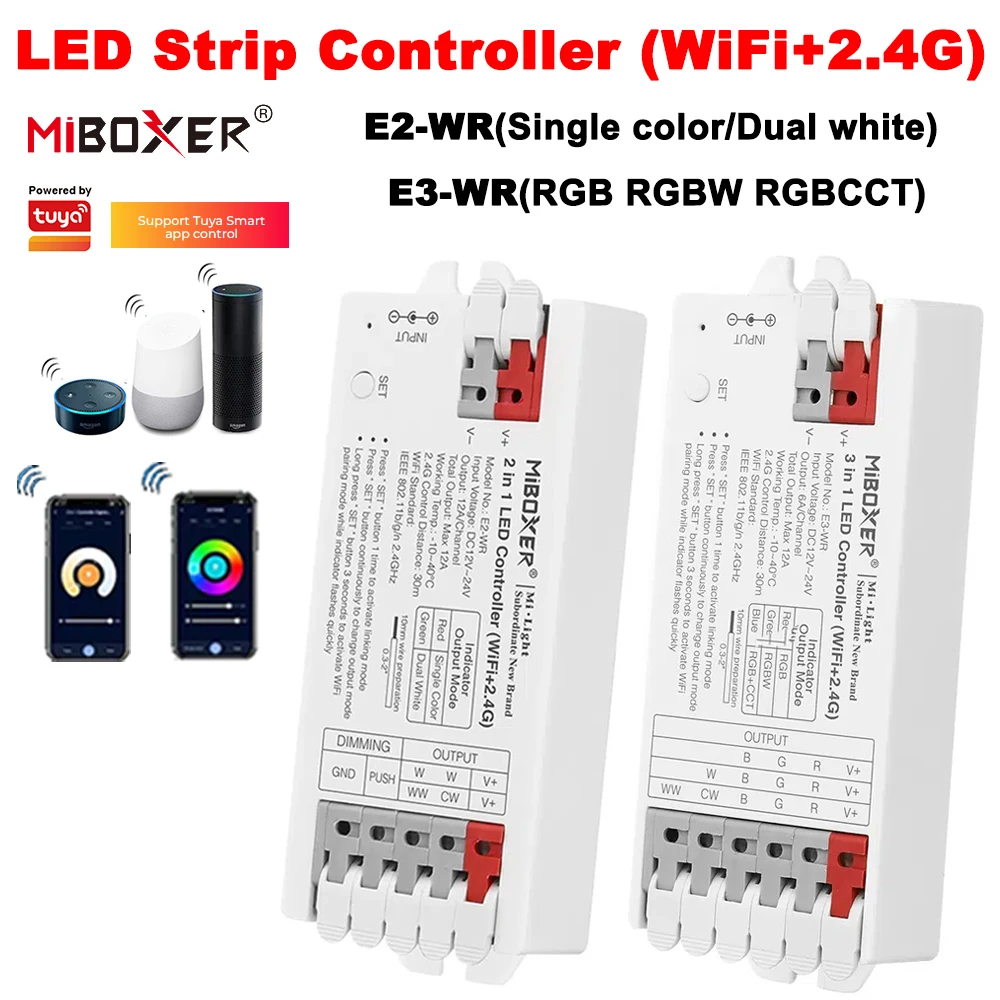 Miboxer-インテリジェントLEDストリップコントローラー,Tuyaアプリケーション調光器,シングル,デュアルカラー,rgb,rgbw,rgbcct,E2-WR, 2in 1, 3in 1, 2.4ghz