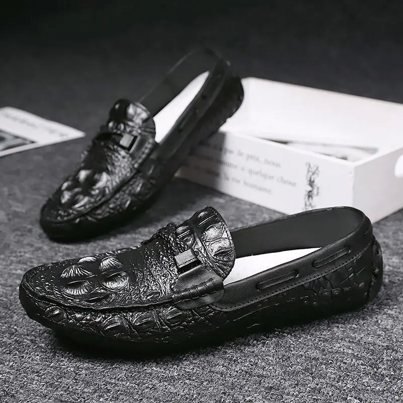 Crocodile Pattern Leather Slip on Mens Casual Shoes Social Spirit Guy Slip-on Mens Flat Loafers Shallow Sneakers for Dad