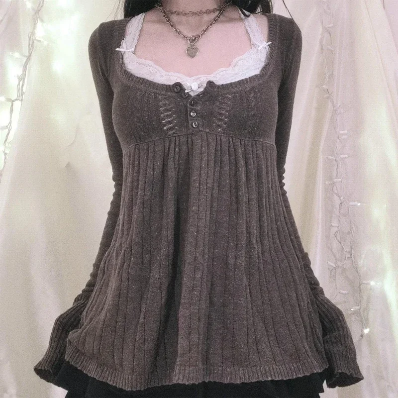 

Вязаный свитер Babydoll с длинными рукавами, топы, пуловеры с молочной ручкой, эстетический гранж Y2k, трикотажные футболки для женщин
