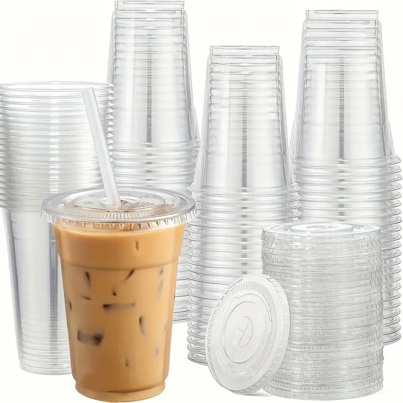 100PCS Clear Plastic Cups with Lids12oz Disposable Cold Drink Containers for Bubble Tea Iced Coffee JuiceSmoothie Party Supplies