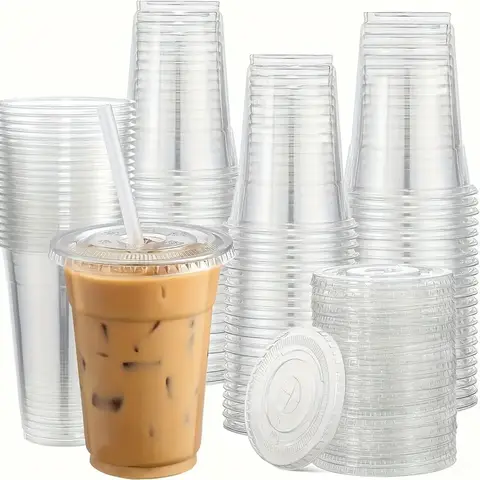 100PCS Clear Plastic Cups with Lids12oz Disposable Cold Drink Containers for Bubble Tea Iced Coffee JuiceSmoothie Party Supplies