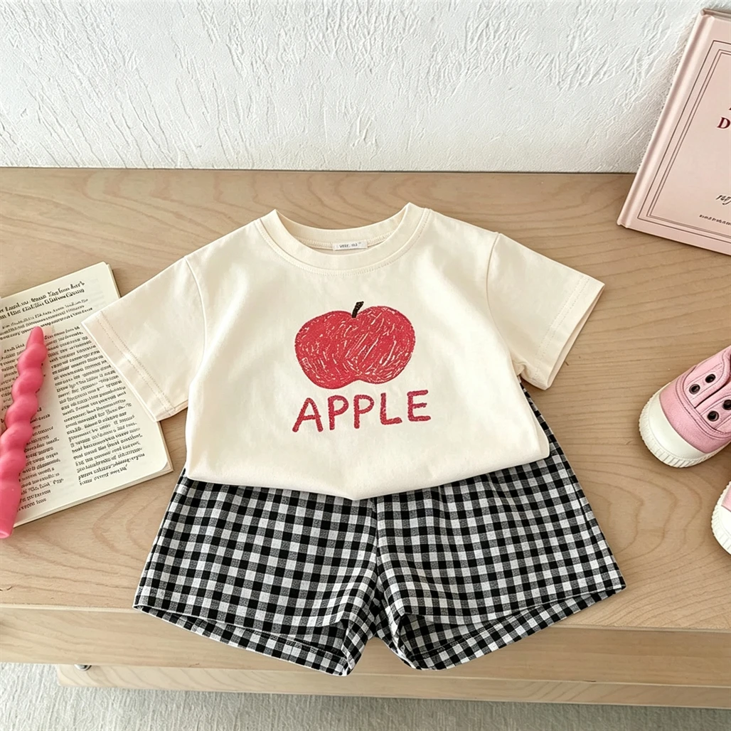 Fruit Tshirt Plaid Shorts Two Piece Set Children's Summer Clothes Thin Lovely White Tees All-match Shorts Casual Sports Outfits