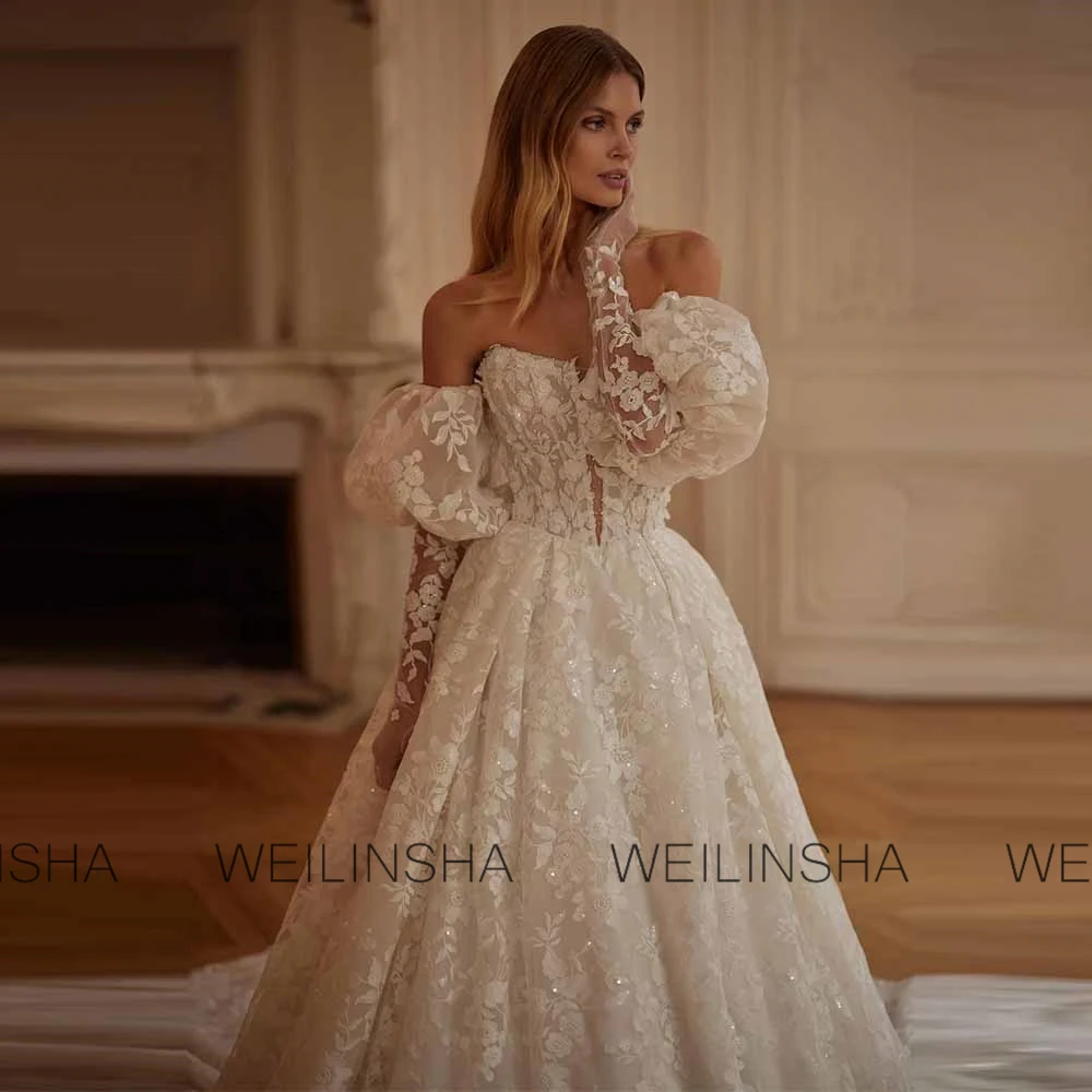 Pastrol Vestidos de invitados de boda Vestidos de fiesta de boda de una línea de encaje Vestido de novia fruncido con cordones y mangas abullonadas con hombros descubiertos de color marfil