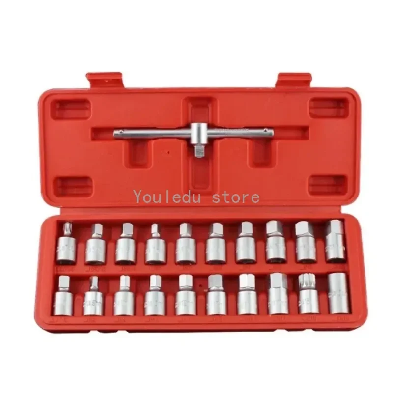 21PCS Oil Drain Pipe Plug Socket Set  Pan Screw Sleeve Wrench 3/8-Inch Drive Sliding T-bar Removal Kit