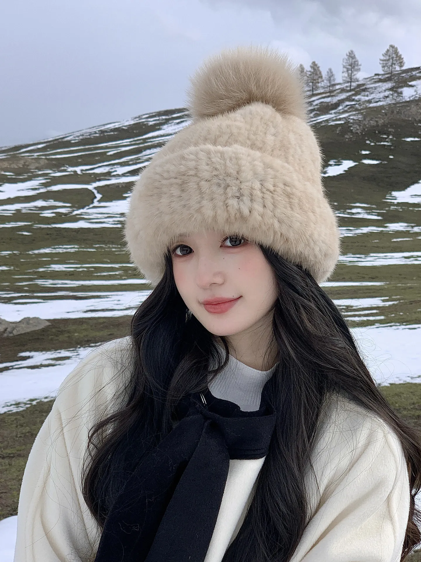 2026 New Women's Genuine Mink Fur Knit Beanie Hat Real Fox Fur Pom Double-Sided Elastic Winter Warm Plush Fur Hat for Ladies