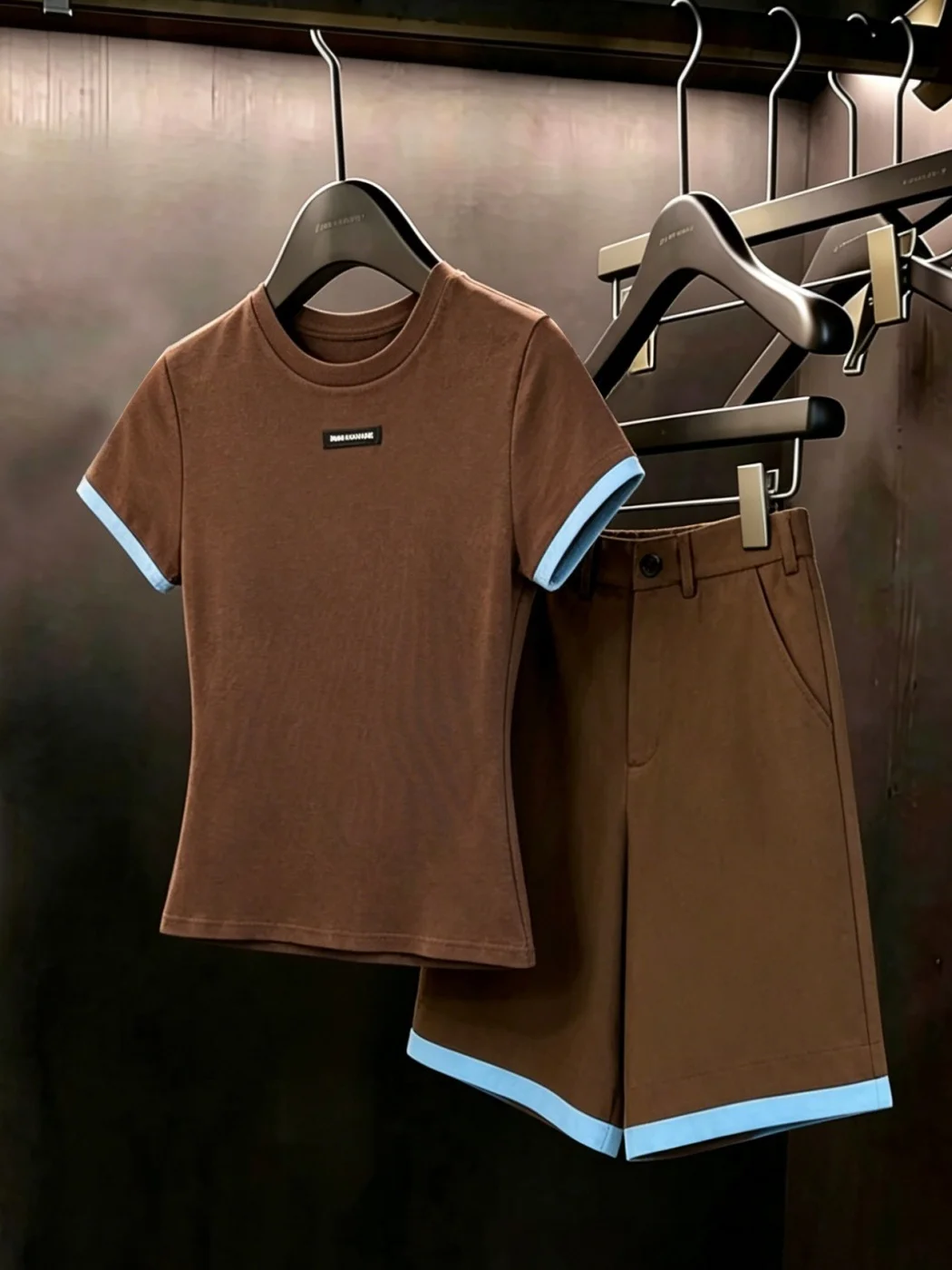 Casual Sporty Slim Fit Two Piece Set for Women Brown Color Block Summer Outfit High Waist Korean Style Commute Fashion